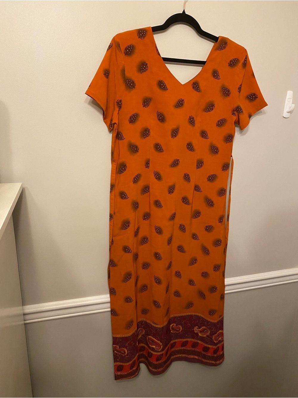 V-Neck Orange Printed Maxi Dress with Border Hem